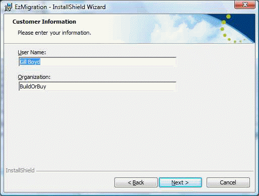 EzMigration 3 Customer Info Screen... On Vista 64 Business